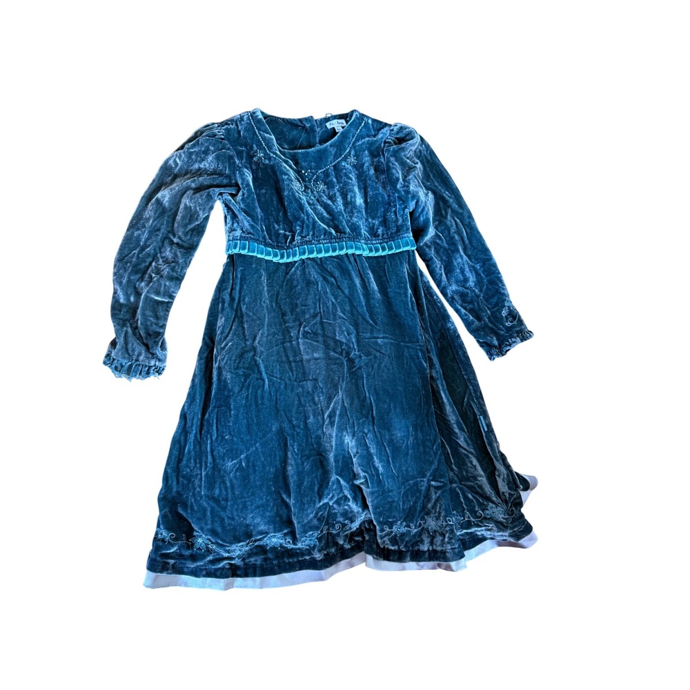 Le Top Girls Teal Velvet Long Sleeve Embroidered Holiday Dress Size 6X